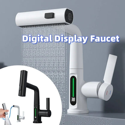 Versatile digital kitchen faucet with temperature display, 360-degree swivel, and pull-out design for enhanced maneuverability and precise water temperature control