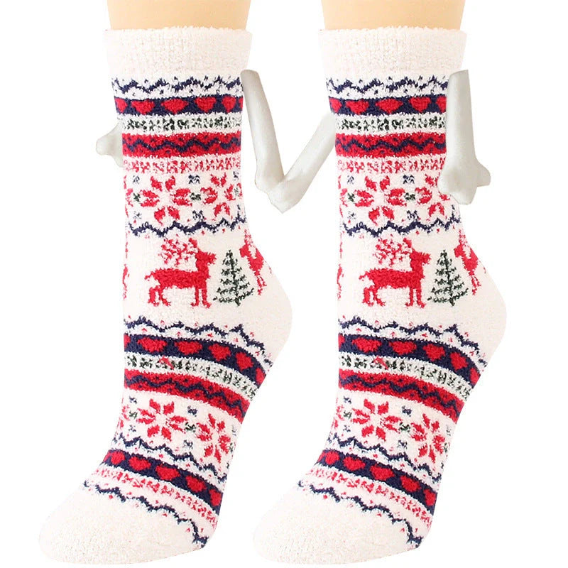 Christmas couple socks with magnetic suction feature for hand holding, festive 3D animal patterns