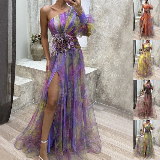 Stylish mesh tie-dye off-shoulder slit dress for summer parties and events