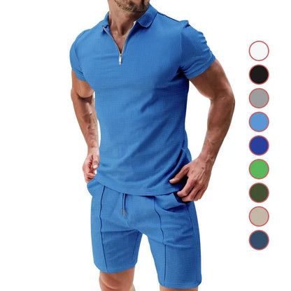 Men's summer waffle suit set with zipper lapel and drawstring shorts in various colours