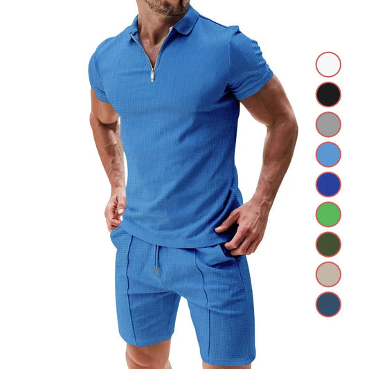 Men's summer waffle suit set with zipper lapel and drawstring shorts in various colours