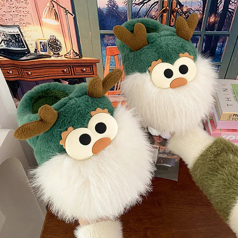 Cozy cartoon deer print slippers with plush lining and half-covered heel design for indoor comfort and warmth