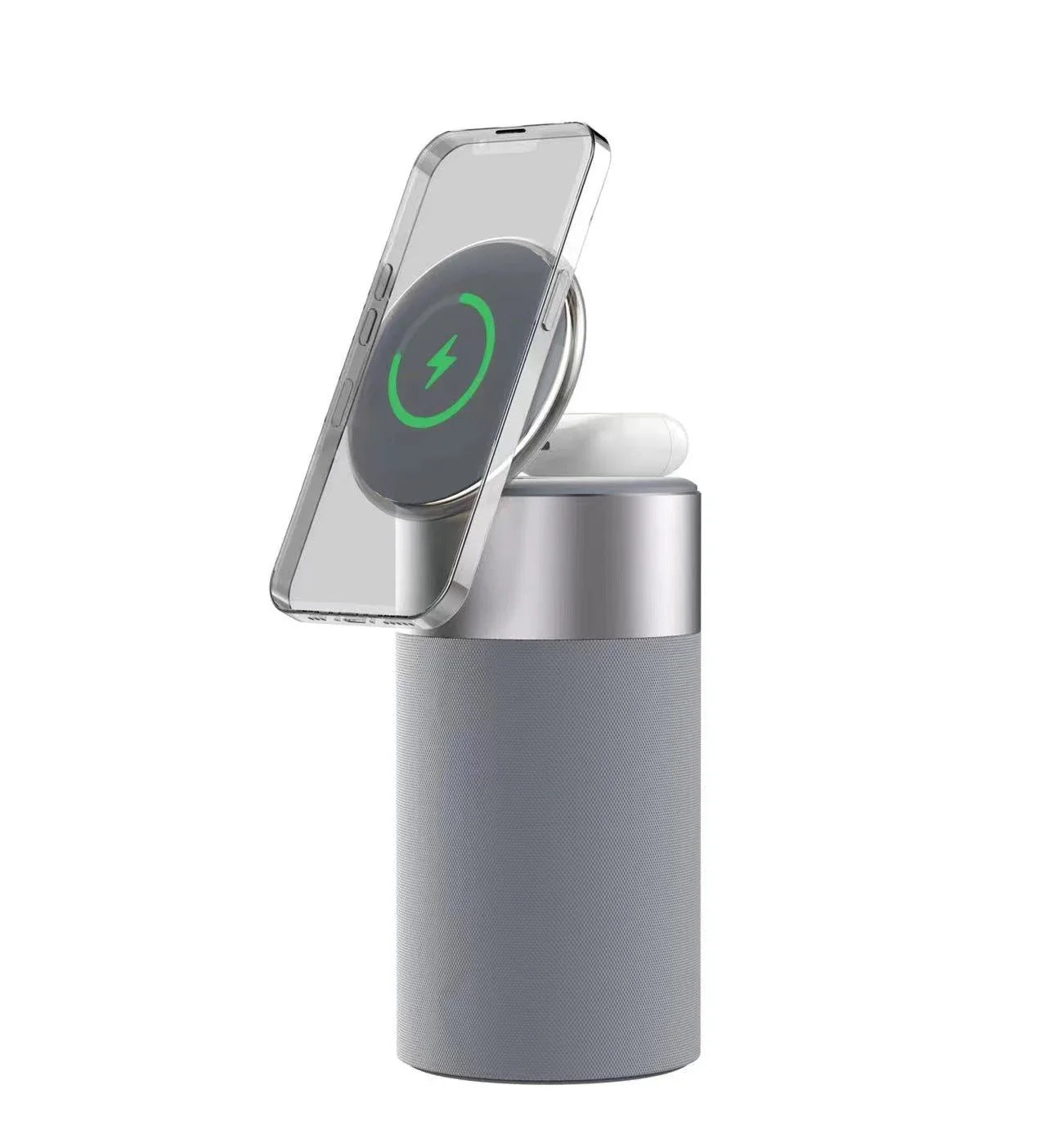 A 3-in-1 device that combines a wireless charger, Bluetooth speaker, and touch-controlled lamp for versatile functionality in the home or office.