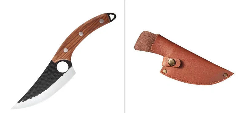 Hand hammered stainless steel boning knife with leather case