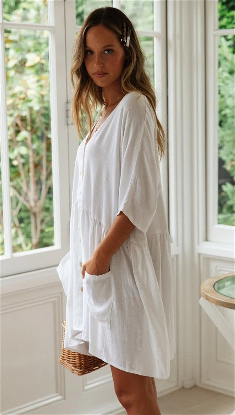 Beach Bikini Blouse Loose Button Vacation Skirt in white and black, perfect for swimming and wading.