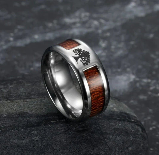 Handcrafted Celtic Tree of Life Wedding Ring in stainless steel with wood inset