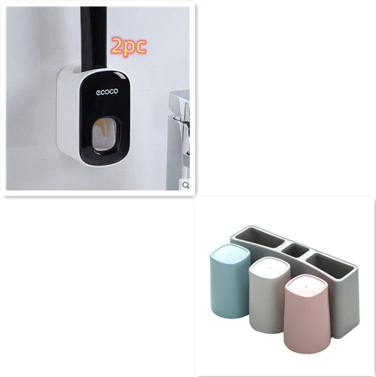 Wall-mounted automatic toothpaste dispenser with storage cups for toothbrush and bathroom accessories