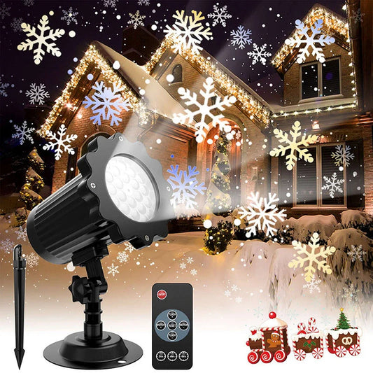 LED Christmas Blizzard Snowflake Laser Light Projector illuminating a garden with white snowflake patterns