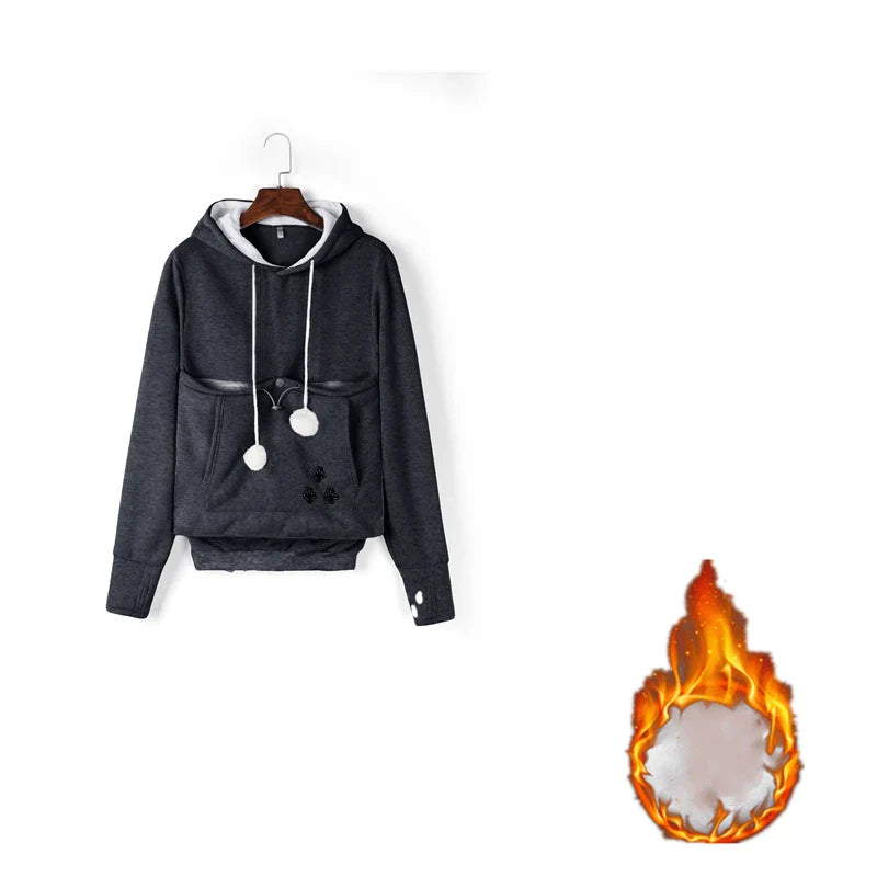 Cosy and cute hoodies with pet pocket for women to keep their cats warm and snug during the British winter