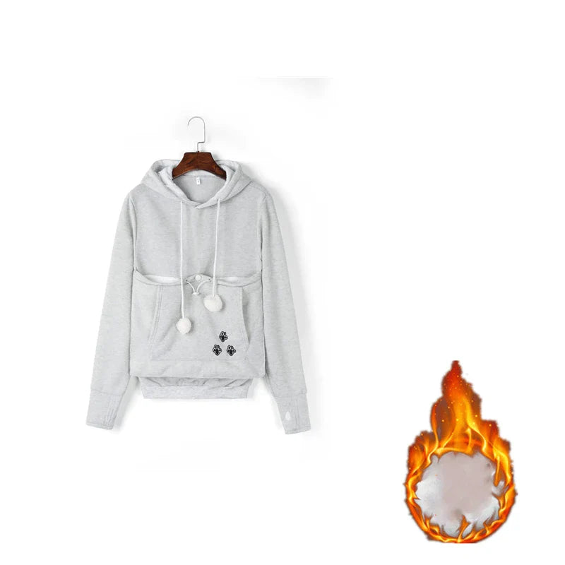 Cosy and cute hoodies with pet pocket for women to keep their cats warm and snug during the British winter