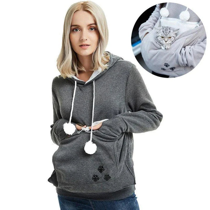 Cosy and cute hoodies with pet pocket for women to keep their cats warm and snug during the British winter