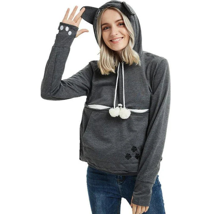 Cosy and cute hoodies with pet pocket for women to keep their cats warm and snug during the British winter