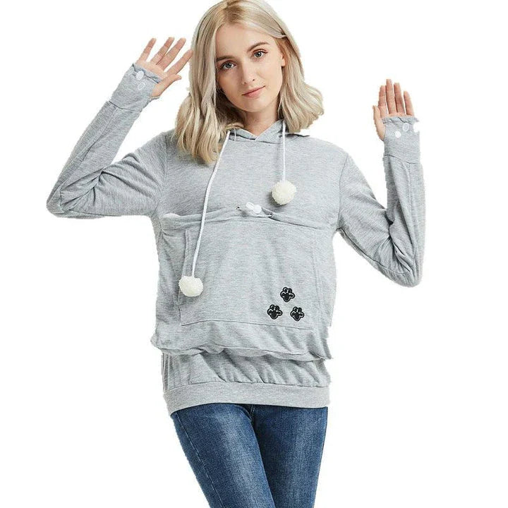 Cosy and cute hoodies with pet pocket for women to keep their cats warm and snug during the British winter