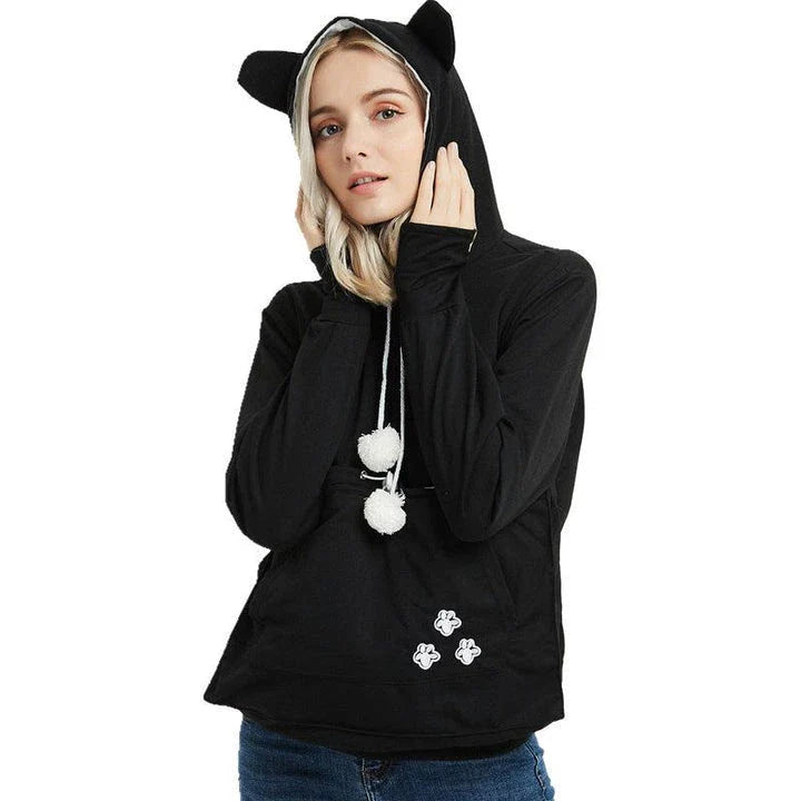 Cosy and cute hoodies with pet pocket for women to keep their cats warm and snug during the British winter
