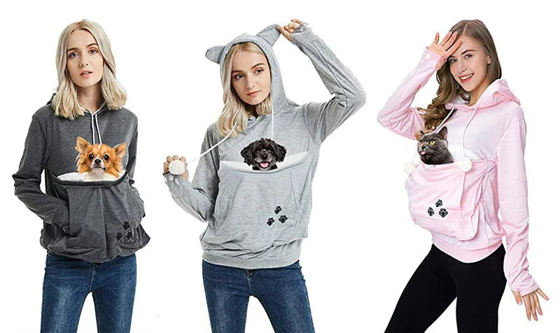 Cosy and cute hoodies with pet pocket for women to keep their cats warm and snug during the British winter