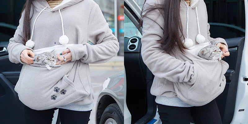 Cosy and cute hoodies with pet pocket for women to keep their cats warm and snug during the British winter
