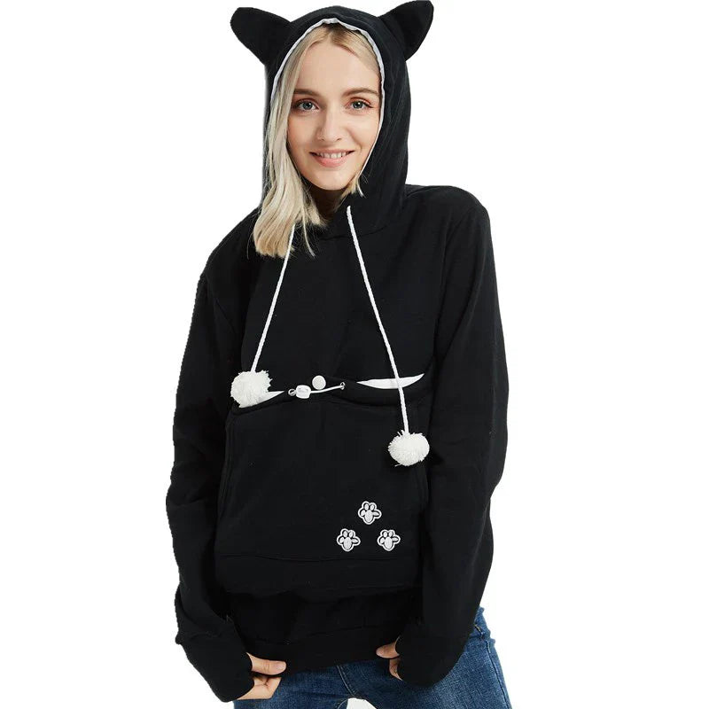 Cosy and cute hoodies with pet pocket for women to keep their cats warm and snug during the British winter