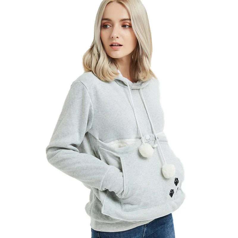 Cosy and cute hoodies with pet pocket for women to keep their cats warm and snug during the British winter