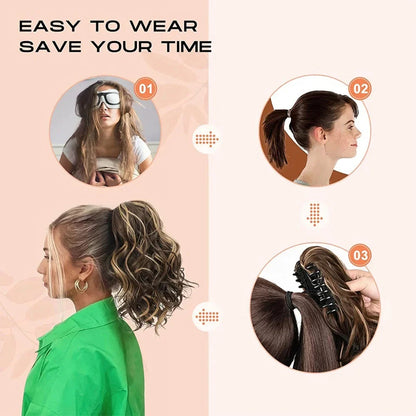A close-up view of the 12-Inch Short Wavy Claw Clip Ponytail Extension in black, showcasing its natural texture and seamless blending capabilities.