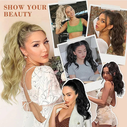 A close-up view of the 12-Inch Short Wavy Claw Clip Ponytail Extension in black, showcasing its natural texture and seamless blending capabilities.