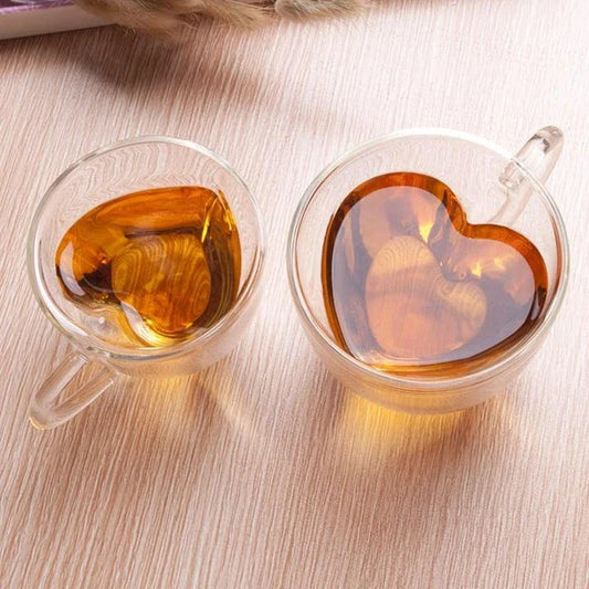 Heart-shaped glass coffee cup made of premium silica glass with a 240ml capacity and heat-resistant design