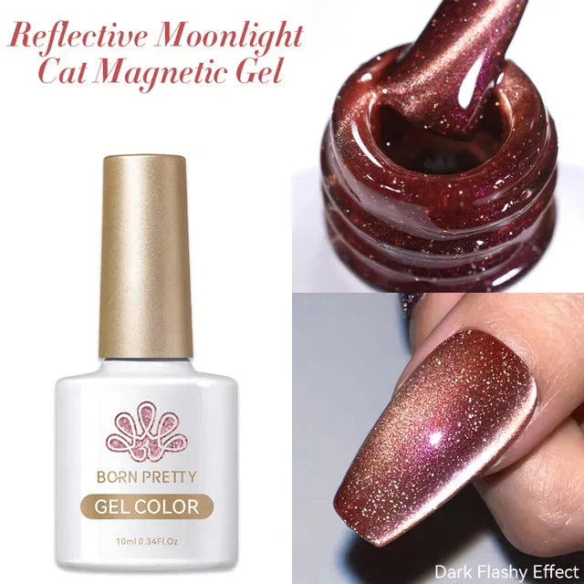 10ML Reflective Moonlight Cat Magnetic Gel Nail Polish with a shimmering, reflective brown colour and magnetic properties for a unique cat-eye effect