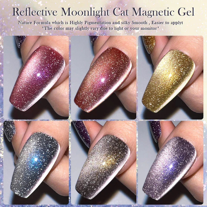 10ML Reflective Moonlight Cat Magnetic Gel Nail Polish with a shimmering, reflective brown colour and magnetic properties for a unique cat-eye effect