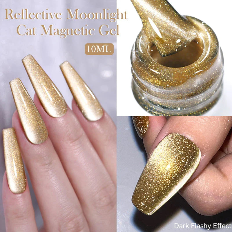 10ML Reflective Moonlight Cat Magnetic Gel Nail Polish with a shimmering, reflective brown colour and magnetic properties for a unique cat-eye effect