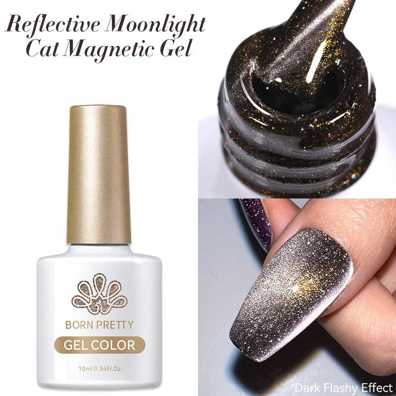 10ML Reflective Moonlight Cat Magnetic Gel Nail Polish with a shimmering, reflective brown colour and magnetic properties for a unique cat-eye effect