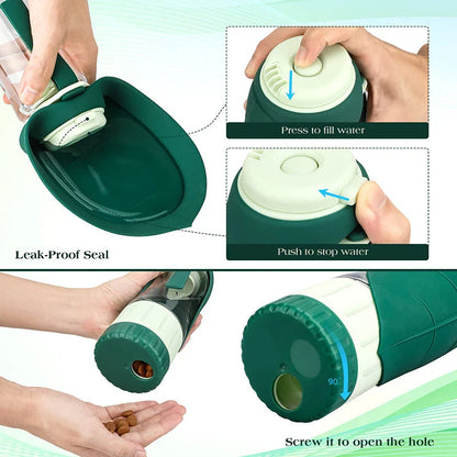 Portable dog water bottle and food container with green colour and compact design