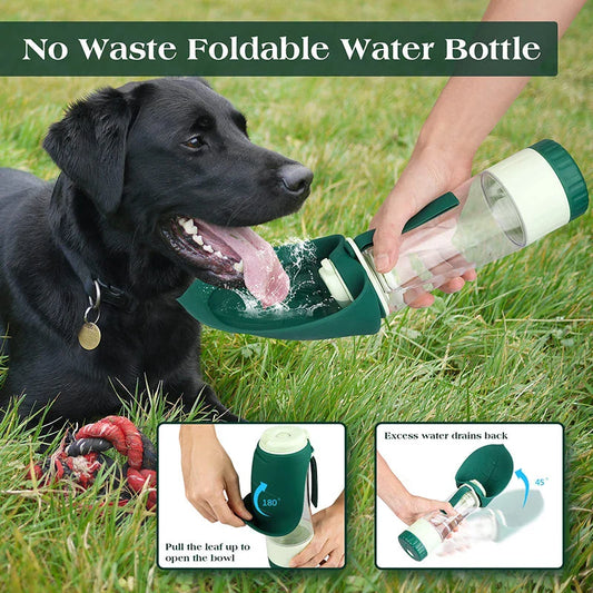 Portable dog water bottle and food container with green colour and compact design