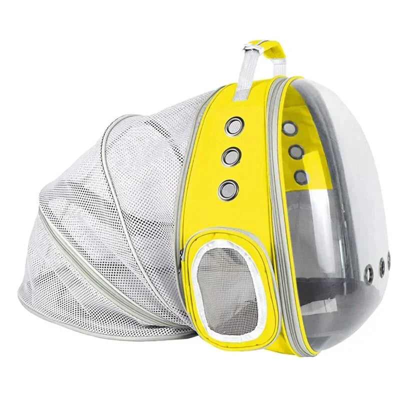 Expandable pet carrier backpack with transparent walls and breathable design for comfortable pet travel