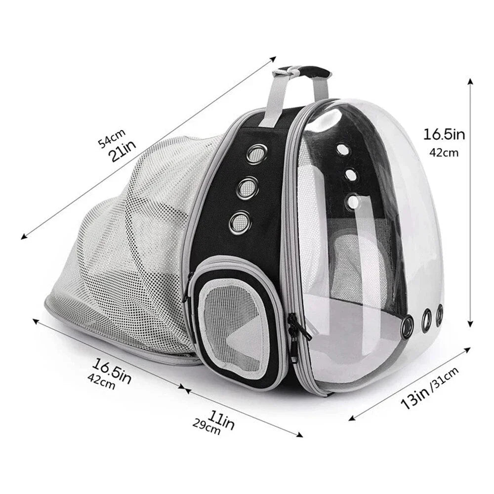 Expandable pet carrier backpack with transparent walls and breathable design for comfortable pet travel