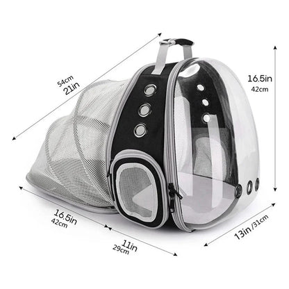 Expandable pet carrier backpack with transparent walls and breathable design for comfortable pet travel