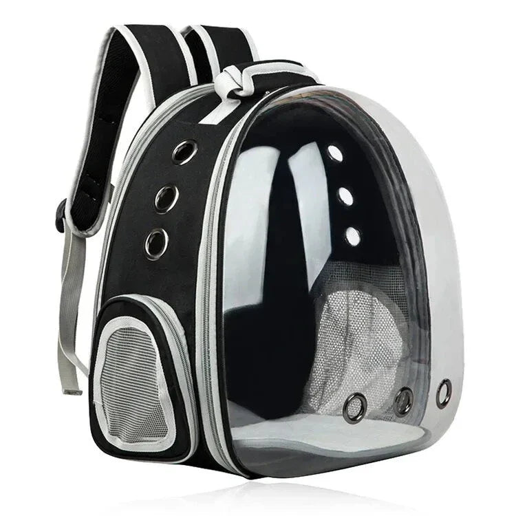 Expandable pet carrier backpack with transparent walls and breathable design for comfortable pet travel