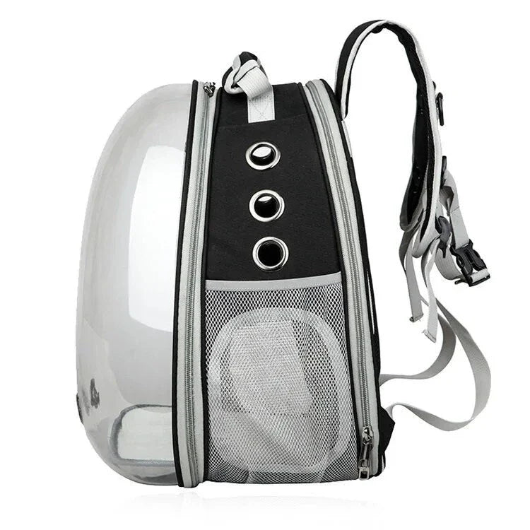 Expandable pet carrier backpack with transparent walls and breathable design for comfortable pet travel