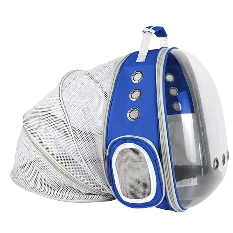 Expandable pet carrier backpack with transparent walls and breathable design for comfortable pet travel