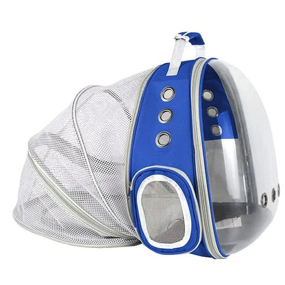 Expandable pet carrier backpack with transparent walls and breathable design for comfortable pet travel