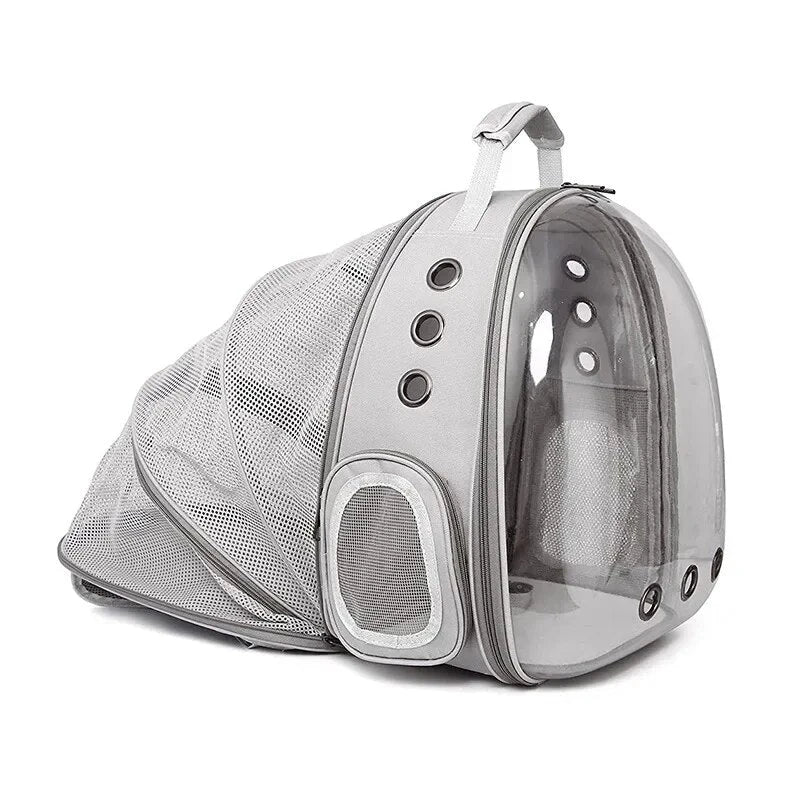 Expandable pet carrier backpack with transparent walls and breathable design for comfortable pet travel