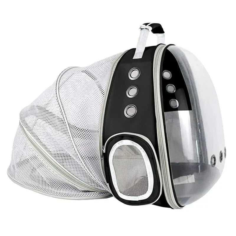 Expandable pet carrier backpack with transparent walls and breathable design for comfortable pet travel