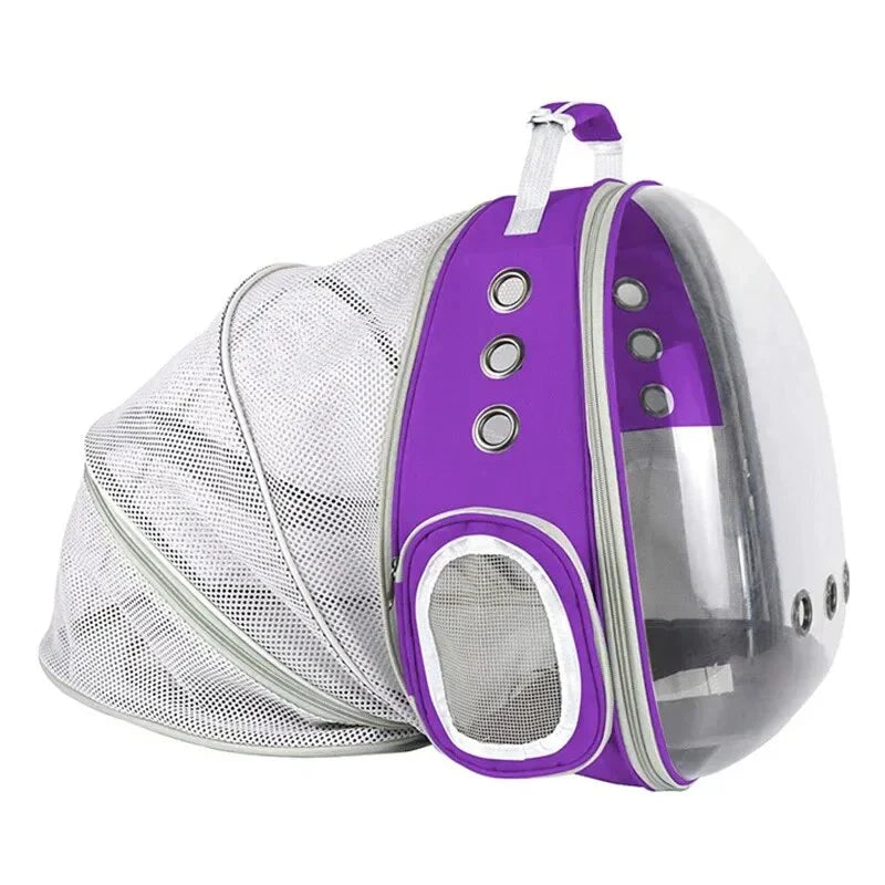 Expandable pet carrier backpack with transparent walls and breathable design for comfortable pet travel