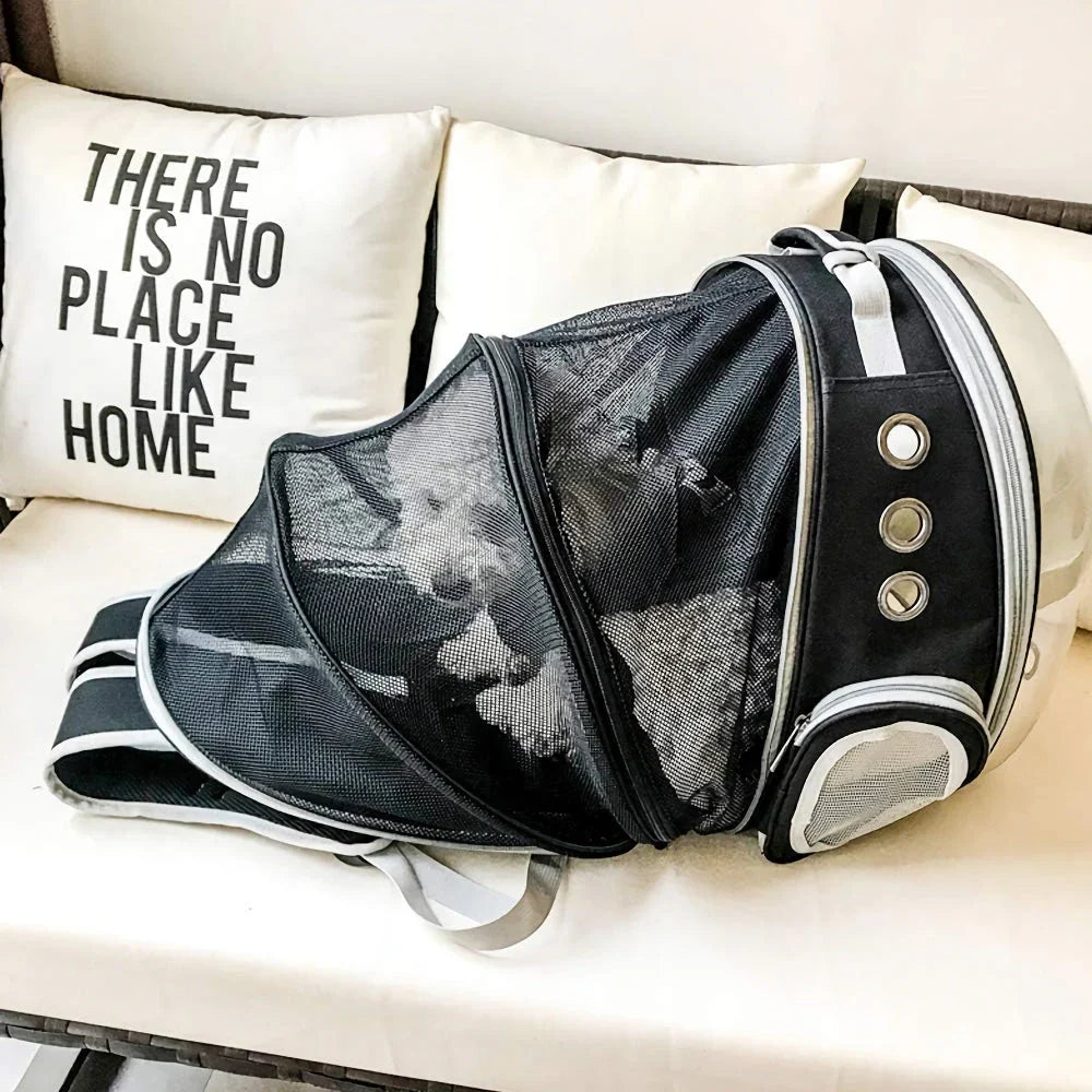 Expandable pet carrier backpack with transparent walls and breathable design for comfortable pet travel