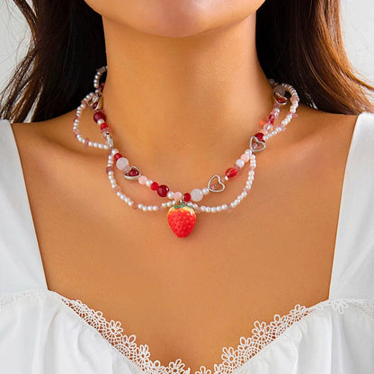 Elegant Strawberry Heart Pearl Choker Necklace with Baroque-Style Simulated Pearls and Vibrant Accents
