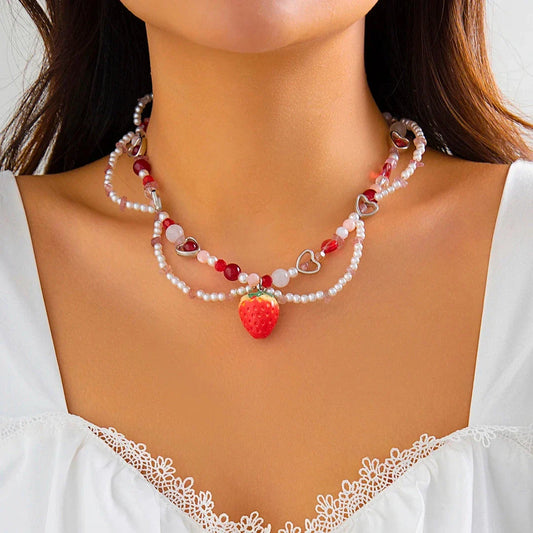Elegant Strawberry Heart Pearl Choker Necklace with Baroque-Style Simulated Pearls and Vibrant Accents