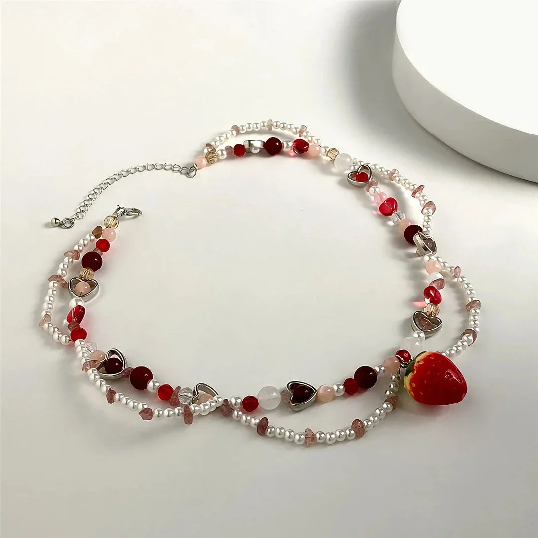 Elegant Strawberry Heart Pearl Choker Necklace with Baroque-Style Simulated Pearls and Vibrant Accents