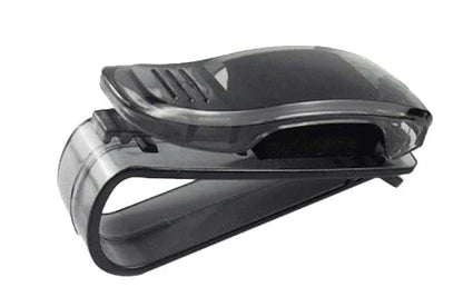 A compact plastic clip that securely holds sunglasses or glasses on a car's sun visor