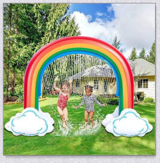Inflatable rainbow arch water sprinkler with cloud design for outdoor summer fun
