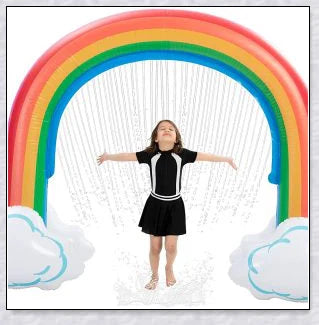 Inflatable rainbow arch water sprinkler with cloud design for outdoor summer fun