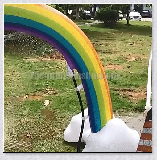 Inflatable rainbow arch water sprinkler with cloud design for outdoor summer fun