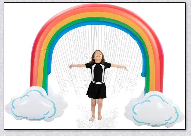 Inflatable rainbow arch water sprinkler with cloud design for outdoor summer fun